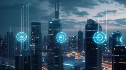 Wall Mural - Futuristic smart city with 5g global network technology, city in the night, city skyline at night, modern city skyline, Generative AI