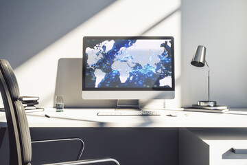 Poster - Computer monitor with abstract creative digital world map, globalization concept. 3D Rendering