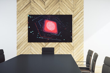 Leinwandbilder - Abstract creative fingerprint hologram on presentation tv screen in a modern meeting room, research and development concept. 3D Rendering