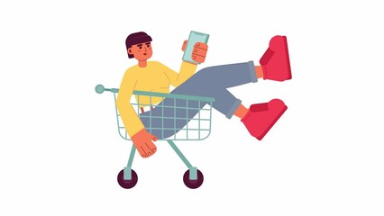 Poster - Animated girl with phone in trolley. Young woman enjoying shopping online isolated 2D cartoon flat character 4K video footage on white background with alpha channel transparency for web design