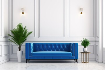 Wall Mural - cozy living room with a blue couch and a potted plant. Generative AI Generative AI