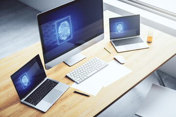 Aufkleber - Abstract creative fingerprint illustration on modern laptop monitor, digital access concept. 3D Rendering