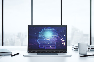 Poster - Modern computer monitor with creative artificial Intelligence symbol. Neural networks and machine learning concept. 3D Rendering