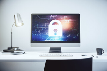 Poster - Modern computer monitor with creative lock hologram and email symbols. Information security concept. 3D Rendering