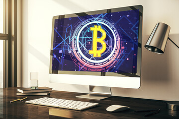 Poster - Creative Bitcoin concept on modern laptop screen. 3D Rendering
