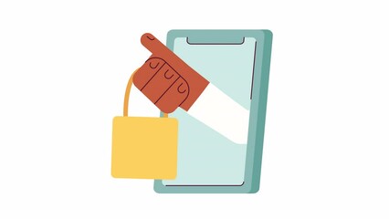 Fototapete - Purchase order reminder animation. Animated hand with shopping bag out smartphone 2D cartoon flat object. E commerce 4K video concept footage on white with alpha channel transparency for web design