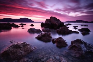 Poster - stunning sunset over the ocean with rocks in the foreground. Generative AI Generative AI