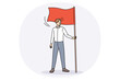 Happy young businessman hold flag demonstrate goal achievement. Smiling male employee or worker show leadership and motivation. Aim accomplishment and success. Vector illustration. Generative AI