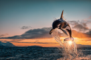 Wall Mural - killer whale aka orca leaping from sunset ocean water with splashes, norway fjord at background