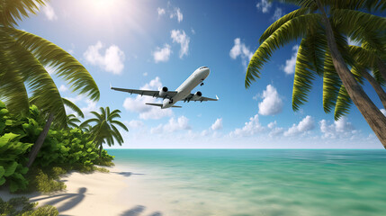 The plane flies over the amazing landscape of the ocean with a tropical island.