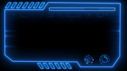 Fototapete - Blue frame neon lighting monitor computer technology background with circuit board and  circle tech.