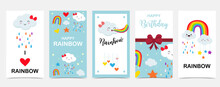 Rainbow Background With Cloud,rain Illustration For Sticker,postcard,birthday Invitation.Editable Element
