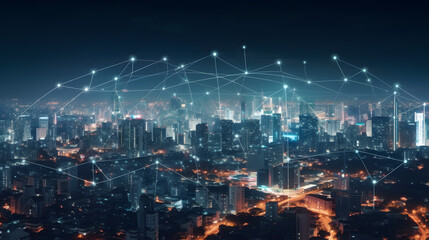 Wall Mural - Modern city with wireless network connection and city scape concept.Wireless network and Connection technology concept with city background at night.