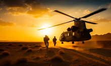 Military Helicopter Landing In The Desert. Two Soldier Approaching The Aircraft To Go On Board. Sunset At Backdrop. Generative AI.