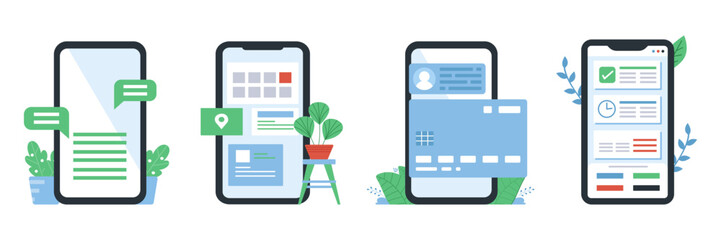 Leinwandbilder - Set of mobile app frame. Chatting, calendar, payment, organizer phone app