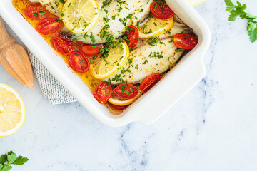 Poster - Baked cod fillet with cherry tomatoes and butter.