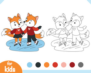 Wall Mural - Coloring book for kids, Loving couple of foxes are skating on ice skates