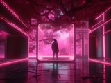Fototapeta Tęcza - augmented reality or neon installation, a person in a bright scarlet room contemplating the light , generated by AI Generative AI