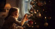 © annebel146 - happy little girl decorating christmas tree at home, winter holidays, charity and people concept Merry Christmas Holiday concept