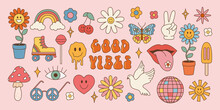 Groovy Hippie Set Of 70s 80s Elements. Vector Illustration In Vintage Style With Inscription Good Vibes, Flower, Rainbow, Heart, Mushroom