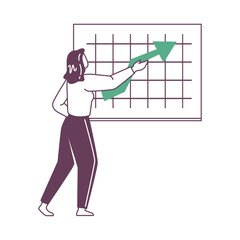 Aufkleber - Presentation of business concept or startup idea, worker and board with growing arrow. Woman showing chats and diagram for company growth and development. Vector in flat cartoon illustration
