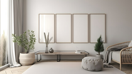 Modern scandinavian interior living room. Three picture frame. Empty wall mockup in white room with wooden floor and lots of dry plants. 3d render. High quality 3d illustration