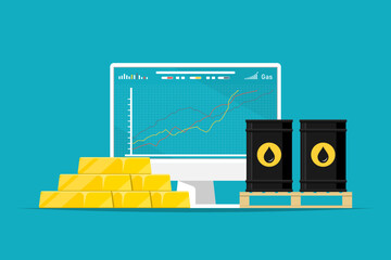 Global gold and oil tank trading market, Oil tank with gold bar, computer on isolated background, Digital marketing illustration.