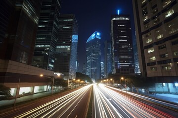 Wall Mural - light trails above buildings, traffic at night, city at night, traffic in the city, Generative AI