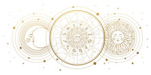 Zodiac Wheel With 12 Signs And Constellations, Horoscope Vintage Banner With Golden Sun And Moon Isolated On White, Astrology Background. Hand Drawn Vector Illustration.