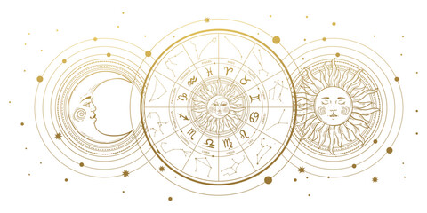 zodiac wheel with 12 signs and constellations, horoscope vintage banner with golden sun and moon iso