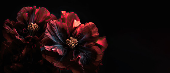 Canvas Print - red flowers on black background. Generative AI image.