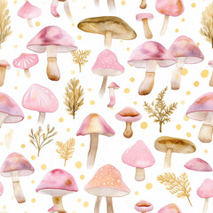 Wall Mural - mushrooms on white background, seamless pattern, Generative AI