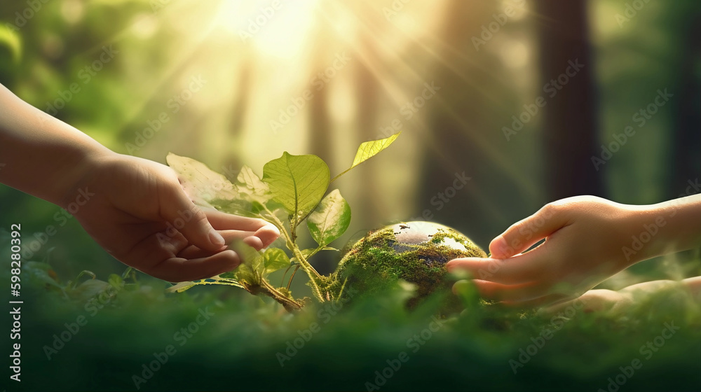 Hands Holding Globe Glass and a young plant, seedling. In Green Forest ...