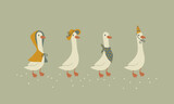 Fototapeta Pokój dzieciecy - Geese collection. Cute cartoon set characters in funny clothes, hat, raincoat in simple hand drawn style. The limited vintage palette is perfect for baby prints. Goose vector.