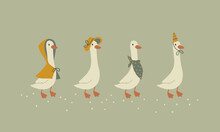 Geese Collection. Cute Cartoon Set Characters In Funny Clothes, Hat, Raincoat In Simple Hand Drawn Style. The Limited Vintage Palette Is Perfect For Baby Prints. Goose Vector.