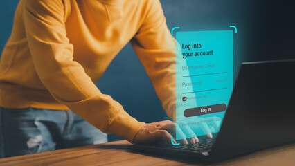 Poster - Young man typing his user and password on a computer laptop. Cyber security concept to protect personal data. Secure encryption and access to the user's private information to access the internet.