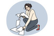 © drawlab19 - Unhappy businesswoman crying collect scattered on floor papers. Upset stressed clumsy woman gather dropped documents or paperwork, clean mess at workplace. Vector illustration. Generative AI