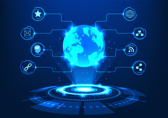 Fototapete - World modern technology The hologram represents the information operating system of the smart technology available in the world on the Internet and helps the business grow by leaps and bounds.