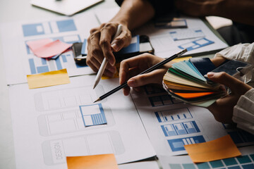 ux Graphic designer creative sketch planning application process development prototype wireframe for web mobile phone . User experience concept.