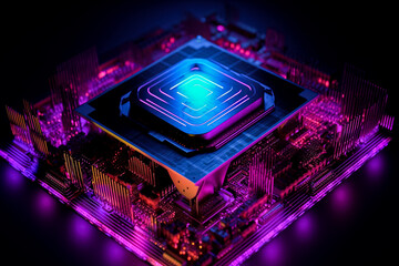 Poster - Circuit board with microchips in ultraviolet light. Generative AI