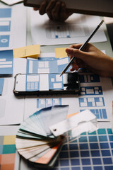 ux Graphic designer creative sketch planning application process development prototype wireframe for web mobile phone . User experience concept.