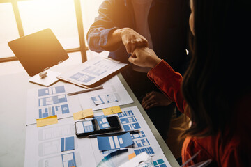 ux Graphic designer creative sketch planning application process development prototype wireframe for web mobile phone . User experience concept.