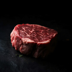 Fresh uncooked beef steak, black background. AI generative