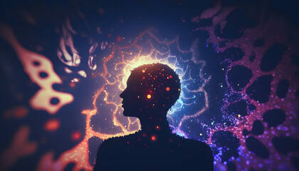 Wall Mural - astral yoga silhouette of human in cosmic space meditate. back view man practicing transcendental sp