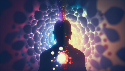 Wall Mural - astral yoga silhouette of human in cosmic space meditate. back view man practicing transcendental sp