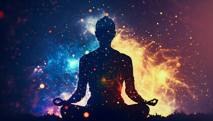 Wall Mural - astral yoga silhouette of human in cosmic space meditate. back view man practicing transcendental sp