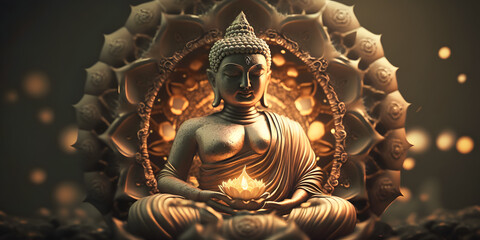 Wall Mural - buddha statue transcendental spiritual meditation with aura, banner yellow light. generation ai