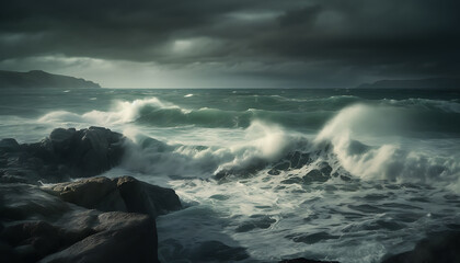 Dark gloomy Stormy ocean with turbulent and dynamic waves hitting rock, dark grey clouds up above, generative ai