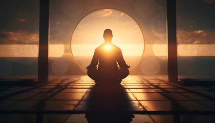 Wall Mural - yoga silhouette of human in cosmic space meditate with sun light. back view man practicing meditatio