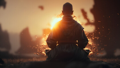 Wall Mural - yoga silhouette of human in cosmic space meditate with sun light. back view man practicing meditatio